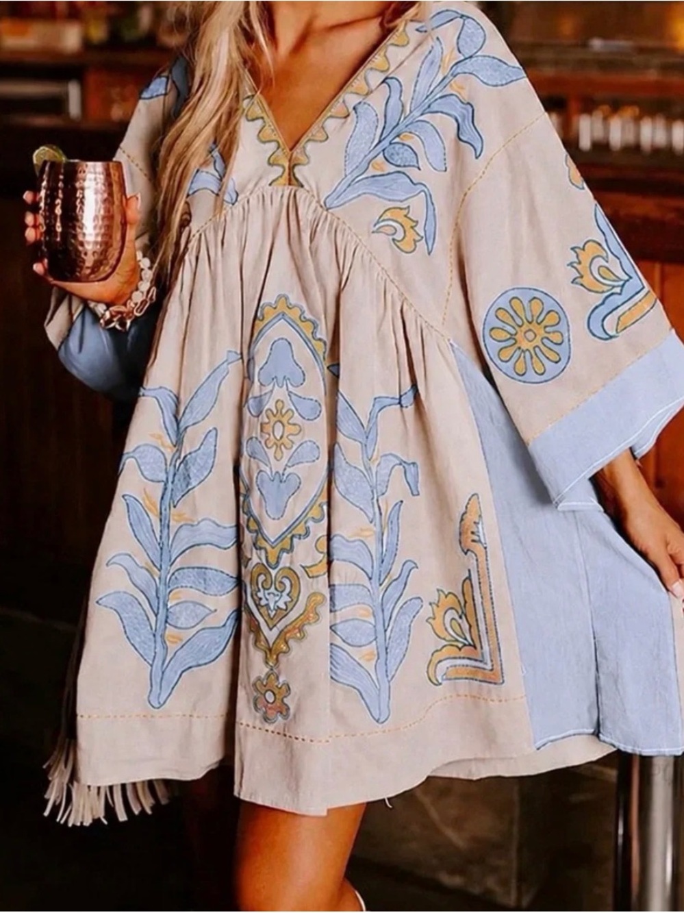 Boho Floral Embroidered V-Neck Baby Doll Dress